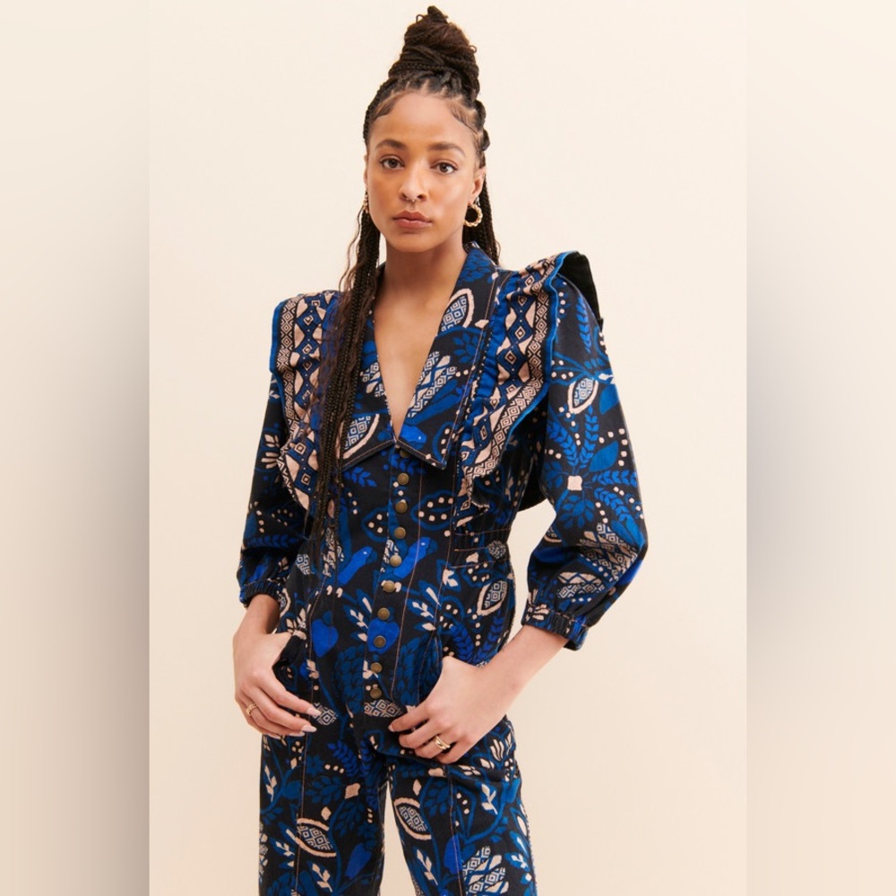 NWT FARM Rio Macaw Forest Black Denim Button Up Jumpsuit XS-S